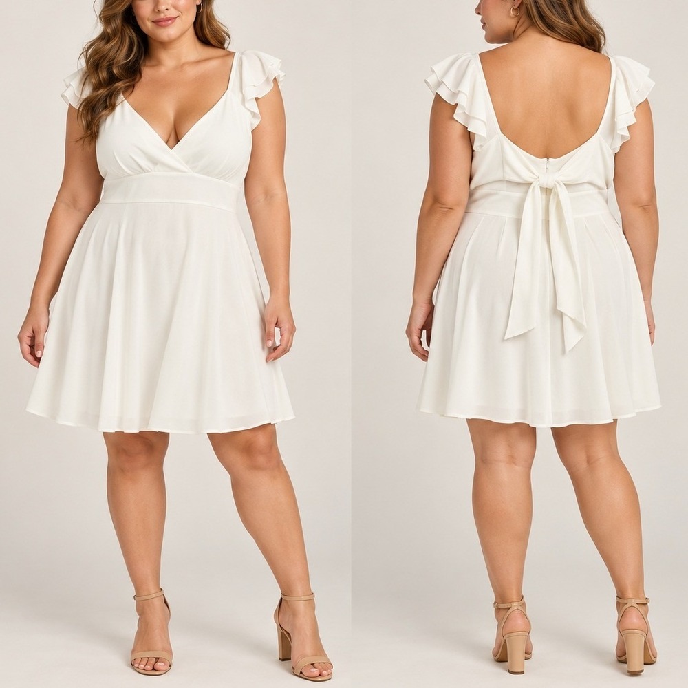 Arula Mini Dress 3X White Ruffle Sleeve Tie Back Fit Flare